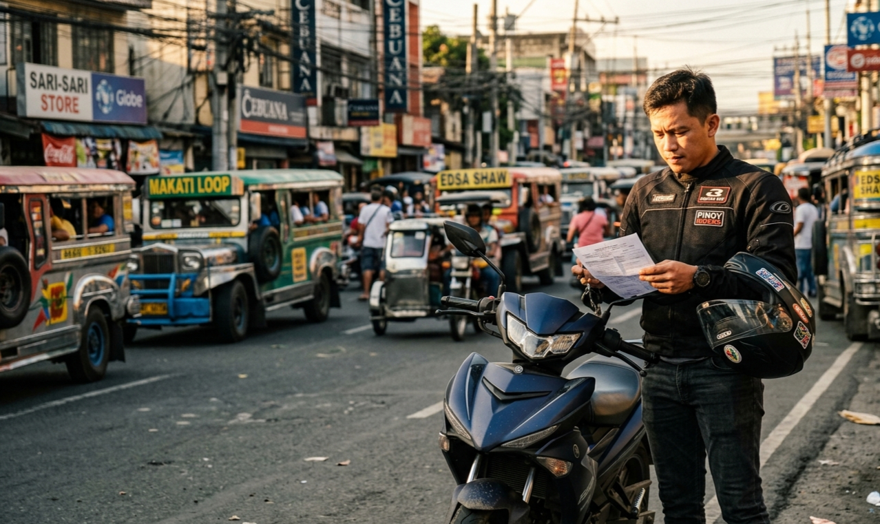 Motorcycle rider parked beside the road while checking registration documents