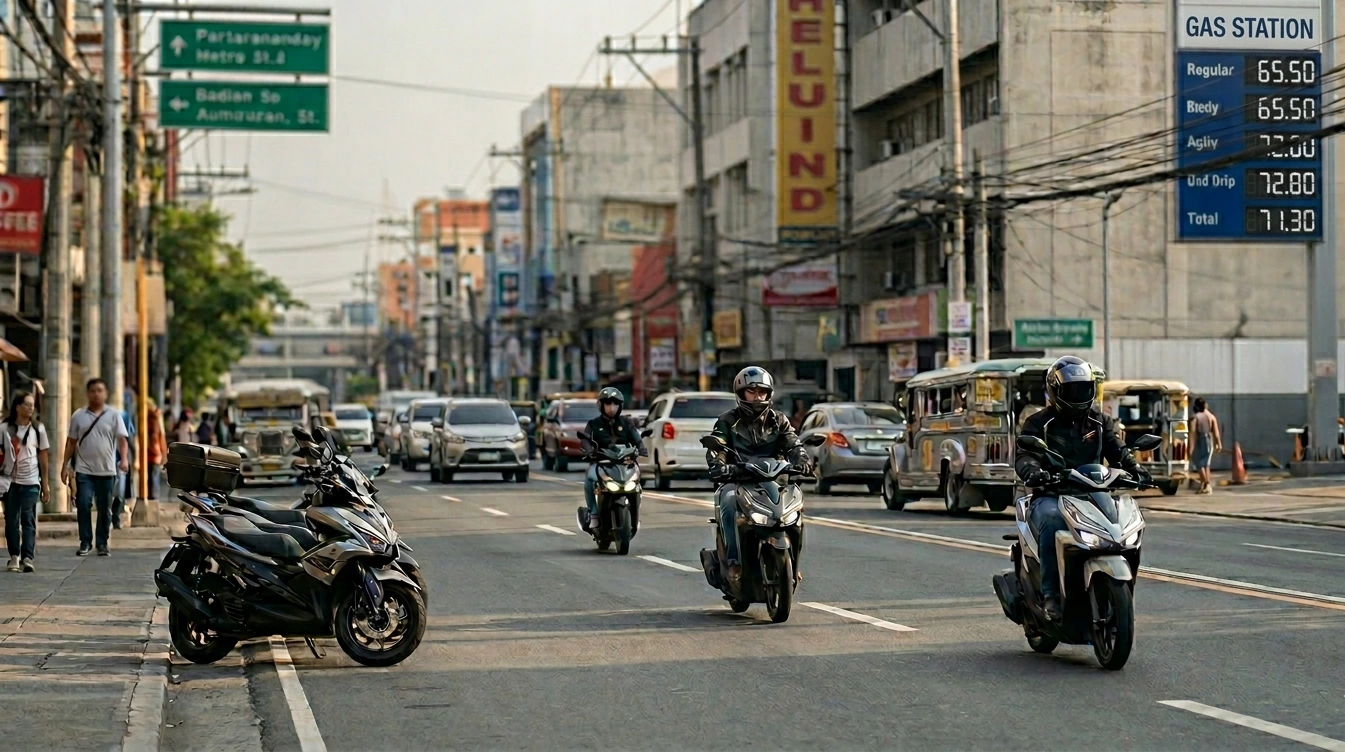 Motorcycle rider checking fuel gauge at gas station