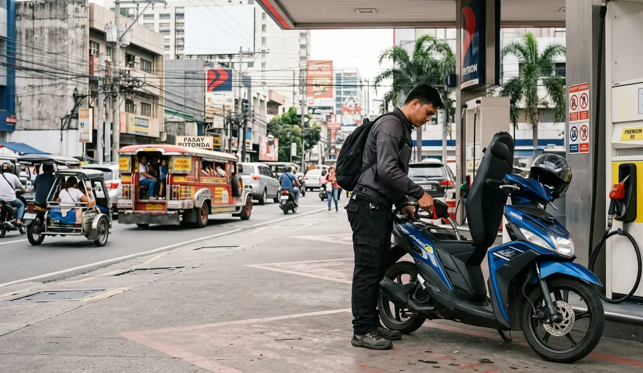 Motorcycle rider checking fuel gauge at gas station
