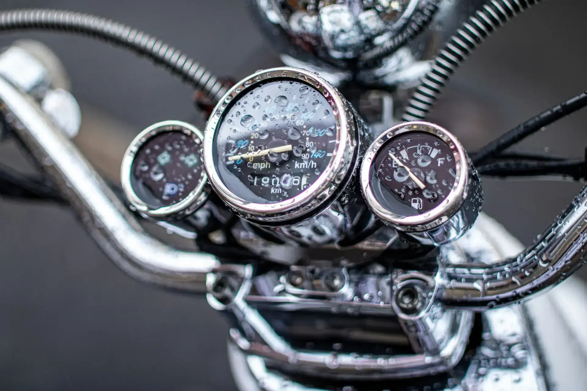 Motorcycle dashboard wet from rain